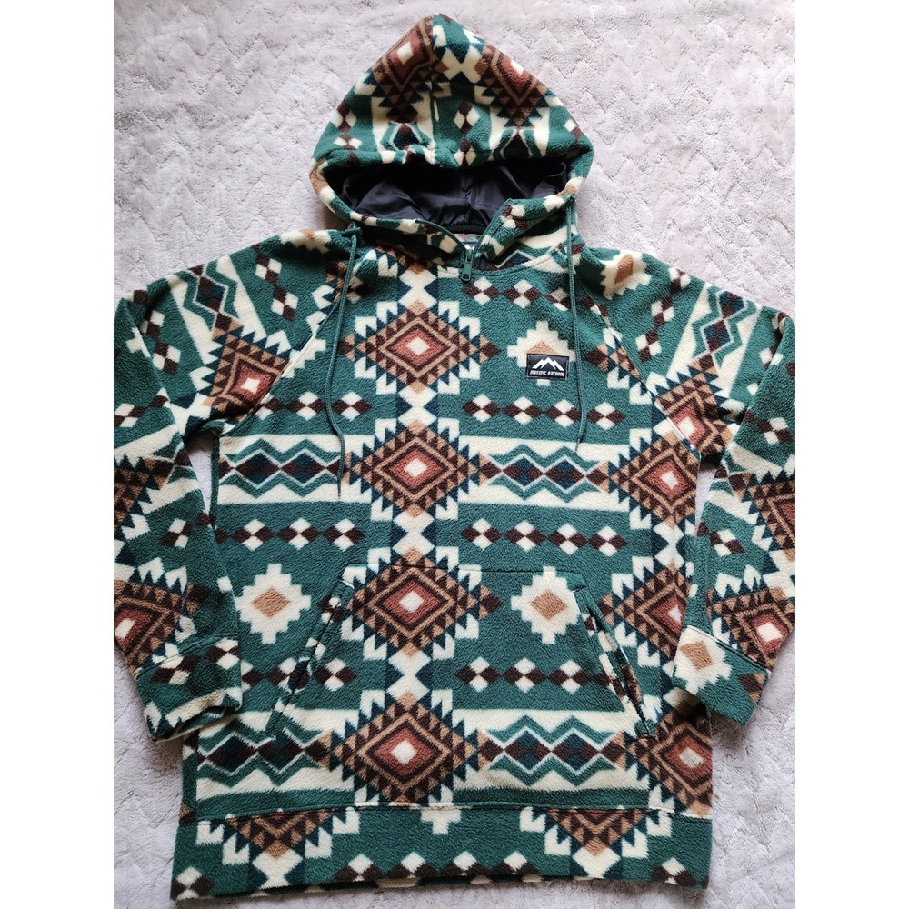 Massive Outdoor Green Aztec Hooded Fleece Quarter Zip Pullover Mens Medium